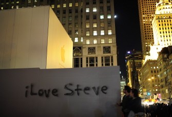 AFP - A tag is painted outside Apple's flagship store in New York to remember Apple's founder Steve Jobs, on New York's 5th Avenue, October 5, 2011. AFP - A tag is painted outside Apple's flagship store in New York to remember Apple's founder Steve Jobs, on New York's 5th Avenue, October 5, 2011.