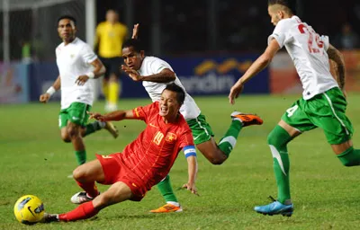 Tiền vệ Thành Lương trong vòng vây của các cầu thủ U23 Indonesia. Tiền vệ Thành Lương trong vòng vây của các cầu thủ U23 Indonesia.