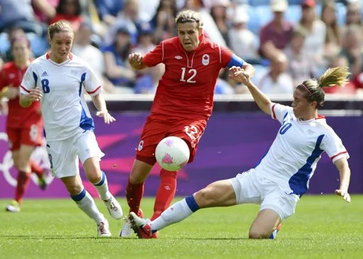 Tiền đạo Christine Sinclair (áo đỏ, Canada) đột phá trước hàng phòng ngự của đội tuyển Pháp. Tiền đạo Christine Sinclair (áo đỏ, Canada) đột phá trước hàng phòng ngự của đội tuyển Pháp.