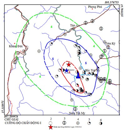 Blue star shows earthquake epicenter in Bac Tra My District (Photo: Global Physics Institute) Blue star shows earthquake epicenter in Bac Tra My District (Photo: Global Physics Institute)