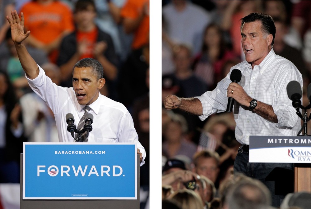 In these Sept. 26, 2012 file photos, President Barack Obama and Republican presidential candidate Mitt Romney both campaign in the battleground state of Ohio. In these Sept. 26, 2012 file photos, President Barack Obama and Republican presidential candidate Mitt Romney both campaign in the battleground state of Ohio.