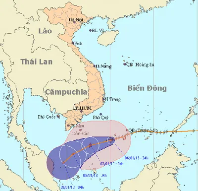 Dự báo đường đi của cơn bão. Nguồn: TTKTTVTW Dự báo đường đi của cơn bão. Nguồn: TTKTTVTW