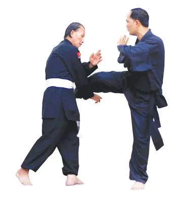Đá chân phải (đảo sơn) vào sườn; A ngoặt tay phải xuống chặn chân B (hoạch sa). Đá chân phải (đảo sơn) vào sườn; A ngoặt tay phải xuống chặn chân B (hoạch sa).