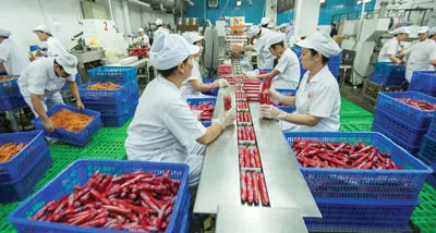 Dây chuyền đóng gói mặt hàng xúc xích cung ứng cho thị trường Tết. Ảnh C.T.V. Dây chuyền đóng gói mặt hàng xúc xích cung ứng cho thị trường Tết. Ảnh C.T.V.