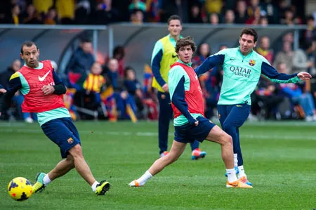 Leo Messi (phải) ghi 3 bàn trong trận đá tập hôm thứ Sáu. Leo Messi (phải) ghi 3 bàn trong trận đá tập hôm thứ Sáu.