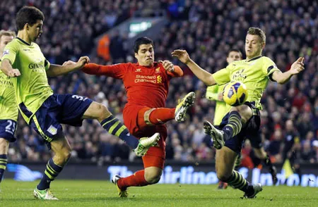 Luis Suarez (Liverpool) nỗ lực dứt điểm giữa hàng phòng ngự Aston Villa. Luis Suarez (Liverpool) nỗ lực dứt điểm giữa hàng phòng ngự Aston Villa.
