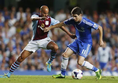 Oscar (phải, Chelsea) kiểm soát bóng trước Karim El Ahmadi (Aston Villa).