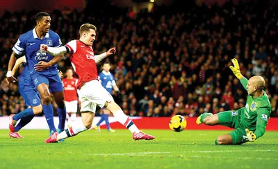 Aaron Ramsey (trái, Arsenal) trong pha uy hiếp thủ thành Everton. Aaron Ramsey (trái, Arsenal) trong pha uy hiếp thủ thành Everton.