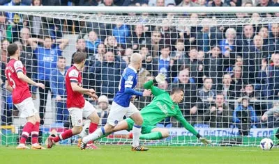 Steven Naismith (áo xanh) sút tung lưới thủ môn Wojciech Szczesny mở tỷ số 1 - 0 cho Everton. Steven Naismith (áo xanh) sút tung lưới thủ môn Wojciech Szczesny mở tỷ số 1 - 0 cho Everton.