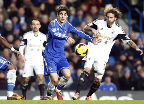 Oscar (trái, Chelsea) kiểm soát bóng trước Jose Canas (Swansea). Oscar (trái, Chelsea) kiểm soát bóng trước Jose Canas (Swansea).