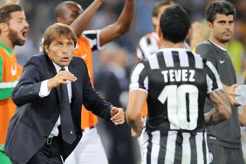 HLV Antonio Conte (trái) chỉ đạo Carlos Tevez ở một trận đấu. HLV Antonio Conte (trái) chỉ đạo Carlos Tevez ở một trận đấu.
