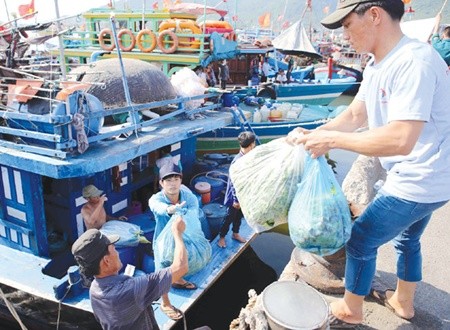 Fishermen load vegetable and necessary good on boat in preparation for a fishing trip in Hoang Sa sea water. Vietnamese fisheries surveillance ships as well as fishing boats refused to be cowed by Chinese aggression in the East Sea yesterday. — VNA/VNS Photo Tran Le Lam Fishermen load vegetable and necessary good on boat in preparation for a fishing trip in Hoang Sa sea water. Vietnamese fisheries surveillance ships as well as fishing boats refused to be cowed by Chinese aggression in the East Sea yesterday. — VNA/VNS Photo Tran Le Lam