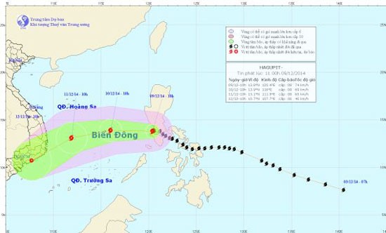 Direction of typhoon Hagupit on December 9 (Photo:the Central Hydrology Meteorology Forecast Center) Direction of typhoon Hagupit on December 9 (Photo:the Central Hydrology Meteorology Forecast Center)