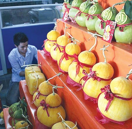 Fancy fruit: Grapefruits shaped to look like gourds and square watermelons have become popular Tet gifts. — VNS Photo Fancy fruit: Grapefruits shaped to look like gourds and square watermelons have become popular Tet gifts. — VNS Photo