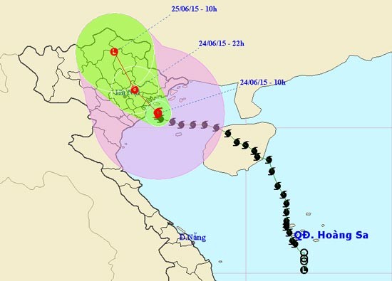 Direction of Kujira storm after making landfall in Quang Ninh province. (Photo: The National Hydrology Meteorology Forecast Center) Direction of Kujira storm after making landfall in Quang Ninh province. (Photo: The National Hydrology Meteorology Forecast Center)