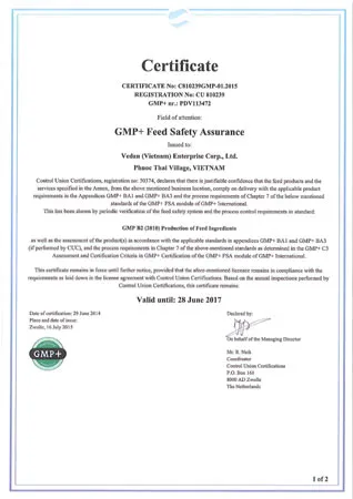 Vedan nhận được chứng nhận GMP+B2 do Union Control cấp Vedan nhận được chứng nhận GMP+B2 do Union Control cấp