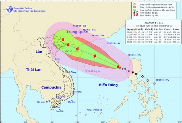 Direction of the fourth typhoon in the East Sea on October 2 (Photo: the national weather bureau) Direction of the fourth typhoon in the East Sea on October 2 (Photo: the national weather bureau)