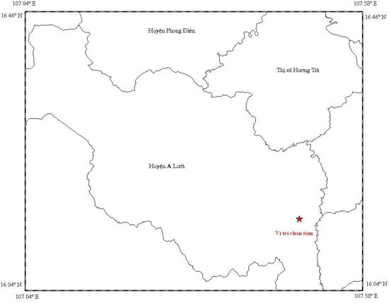 Map of epicenter location in A Luoi district, Thua Thien- Hue on December 7. Map of epicenter location in A Luoi district, Thua Thien- Hue on December 7.