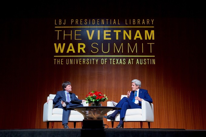 U.S. Secretary of State John Kerry (Right) speaks with historian and filmmaker Ken Burns -- who is about to release an 18-hour retrospective about the Vietnam War -- about the past and future of the U.S.-Vietnam relationship while addressing the audience at the Vietnam War Summit held on April 27, 2016, at the LBJ Presidential Library at the University of Texas at Austin. U.S. Secretary of State John Kerry (Right) speaks with historian and filmmaker Ken Burns -- who is about to release an 18-hour retrospective about the Vietnam War -- about the past and future of the U.S.-Vietnam relationship while addressing the audience at the Vietnam War Summit held on April 27, 2016, at the LBJ Presidential Library at the University of Texas at Austin.