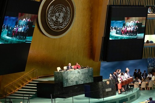 United Nations General Assembly President Mogens Lykketoft speaks before the election of five non-permanent members of the Security Council at the United Nations in New York yesterday. Three European countries and two Asian nations are battling for seats on the UN Security Council in elections that are drawing attention to the refugee crisis and human rights. - AFP/VNA Photo