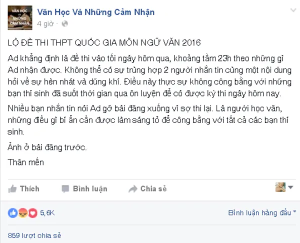 Công an đang điều tra kẻ tung tin đồn lộ đề Văn ảnh 2 Công an đang điều tra kẻ tung tin đồn lộ đề Văn ảnh 2