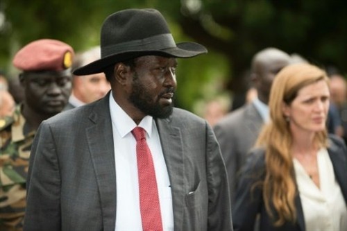 South Sudan President Salva Kiir (Left) takes US Ambassador to the UN Samantha Power on a tour of the state house to show damage from fighting in July. - AFP Photo South Sudan President Salva Kiir (Left) takes US Ambassador to the UN Samantha Power on a tour of the state house to show damage from fighting in July. - AFP Photo