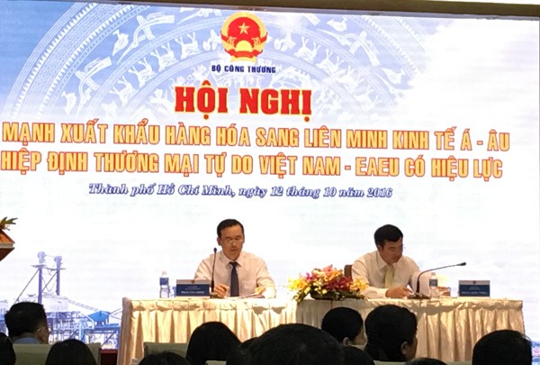 A conference about strengthening cargo exportation to the Eurasian Economy Union and efficiency of Vietnam-Eurasian Economic Union (EAEU) free trade agreement takes place this morning. (Photo: SGGP) A conference about strengthening cargo exportation to the Eurasian Economy Union and efficiency of Vietnam-Eurasian Economic Union (EAEU) free trade agreement takes place this morning. (Photo: SGGP)