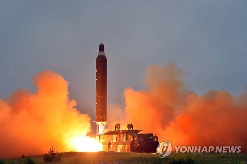 This photo from North Korea's Rodong Sinmun, the ruling party newspaper, on June 23, 2016, shows a Hwasong-10 ballistic missile, known as the intermediate-range Musudan to the outside world, being launched near Wonsan on its east coast. (For Use Only in the Republic of Korea. No Redistribution) (Yonhap) This photo from North Korea's Rodong Sinmun, the ruling party newspaper, on June 23, 2016, shows a Hwasong-10 ballistic missile, known as the intermediate-range Musudan to the outside world, being launched near Wonsan on its east coast. (For Use Only in the Republic of Korea. No Redistribution) (Yonhap)