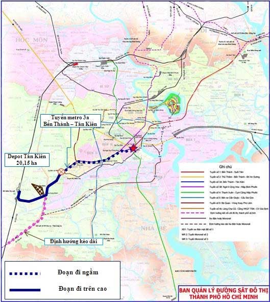 The outline of metro line 3a Ben Thanh-Tan Kien. The dotted line is underground stretch and the straight line is above ground stretch (Photo: SGGP) The outline of metro line 3a Ben Thanh-Tan Kien. The dotted line is underground stretch and the straight line is above ground stretch (Photo: SGGP)