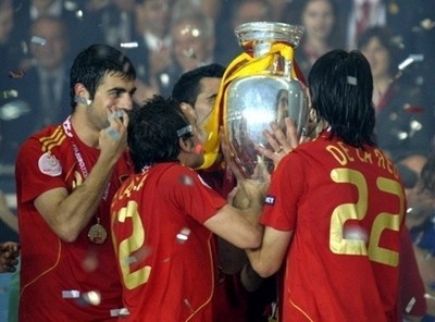 Spanish players celebrate with the Euro 2008 championships trophy after winning the final over Germany, on June 29, at Ernst-Happel stadium in Vienna, Austria. Spanish players celebrate with the Euro 2008 championships trophy after winning the final over Germany, on June 29, at Ernst-Happel stadium in Vienna, Austria.