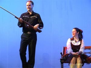 Brian Riedlinger (L) acts with Kim Davis in a scene of the Broadway musical (Photo: Bee Shortland) Brian Riedlinger (L) acts with Kim Davis in a scene of the Broadway musical (Photo: Bee Shortland)