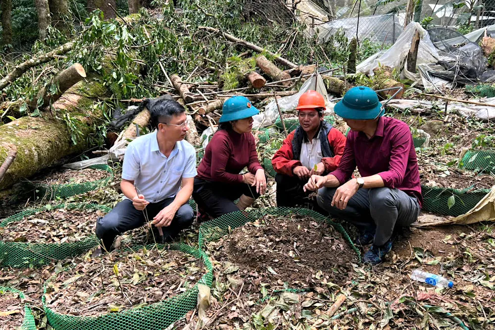 Bà Y Hương (thứ 2 từ trái sang), Phó Bí thư Thường trực Đảng ủy xã Măng Ri hỏi thăm người dân có sâm bị thiệt hại do bão. Ảnh: HPH cv.jpeg