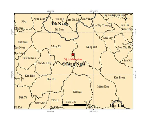 Bản đồ tâm chấn động đất của trận động đất độ lớn 4,9 độ Richter ở xã Măng Ri. Ảnh: Trung tâm Báo tin động đất và cảnh báo sóng thần dong dat 5.10.png