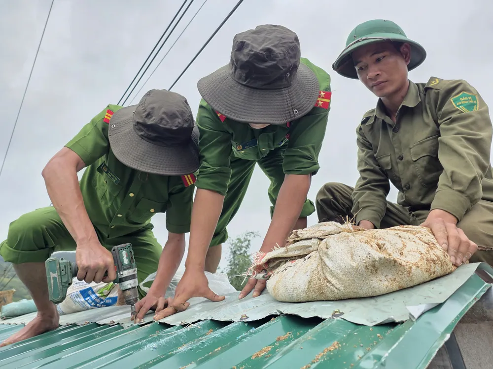 Polisen i Dak Sao kommun i Gia Lai-provinsen hjälper människor att återuppbygga korrugerade plåttak. fds.jpeg