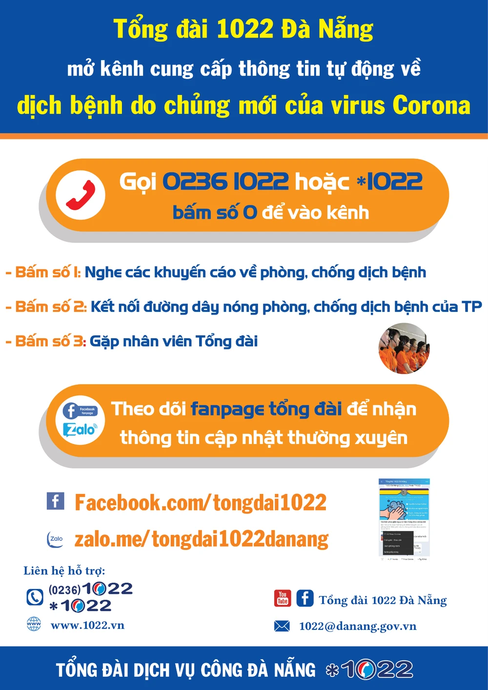 Tổng đài 1022 Đà Nẵng thiết lập kênh cung cấp thông tin tự động về cách phòng tránh Virus Corona và số điện thoại đường dây nóng