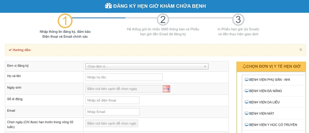 Trang website đăng kí hẹn giờ khám chữa bệnh