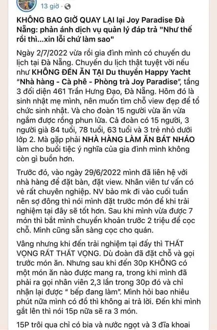 Đà Nẵng: Một nhà hàng du thuyền công khai xin lỗi vì phục vụ chậm, tính tiền sai ảnh 1 Đà Nẵng: Một nhà hàng du thuyền công khai xin lỗi vì phục vụ chậm, tính tiền sai ảnh 1