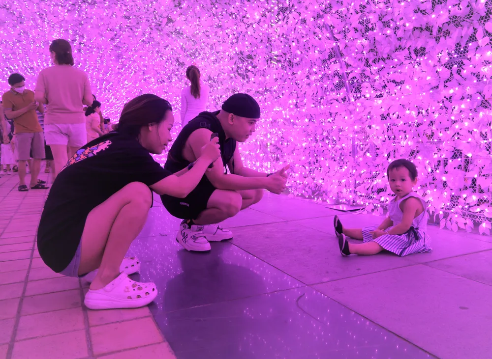 Người dân chụp hình trong không gian Đường vòm hoa anh Đào. Ảnh: XUÂN QUỲNH Người dân chụp hình trong không gian Đường vòm hoa anh Đào. Ảnh: XUÂN QUỲNH