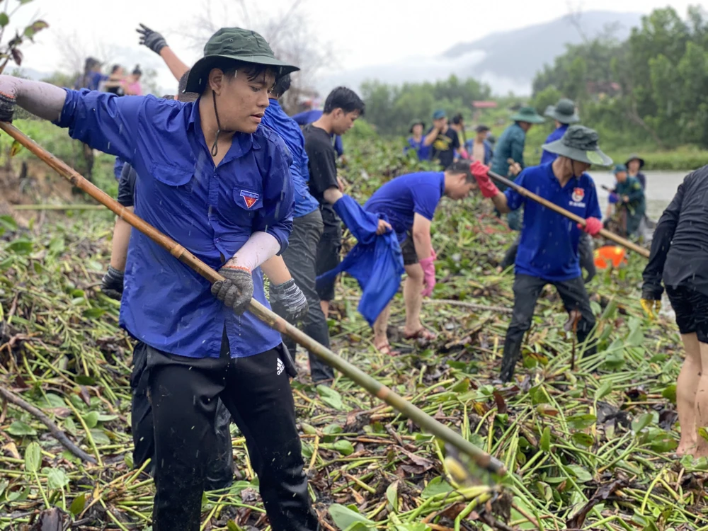 Đoàn viên thanh niên dầm mưa vớt bèo lục bình, khơi thông lối thoát nước tại xã Hòa Nhơn 