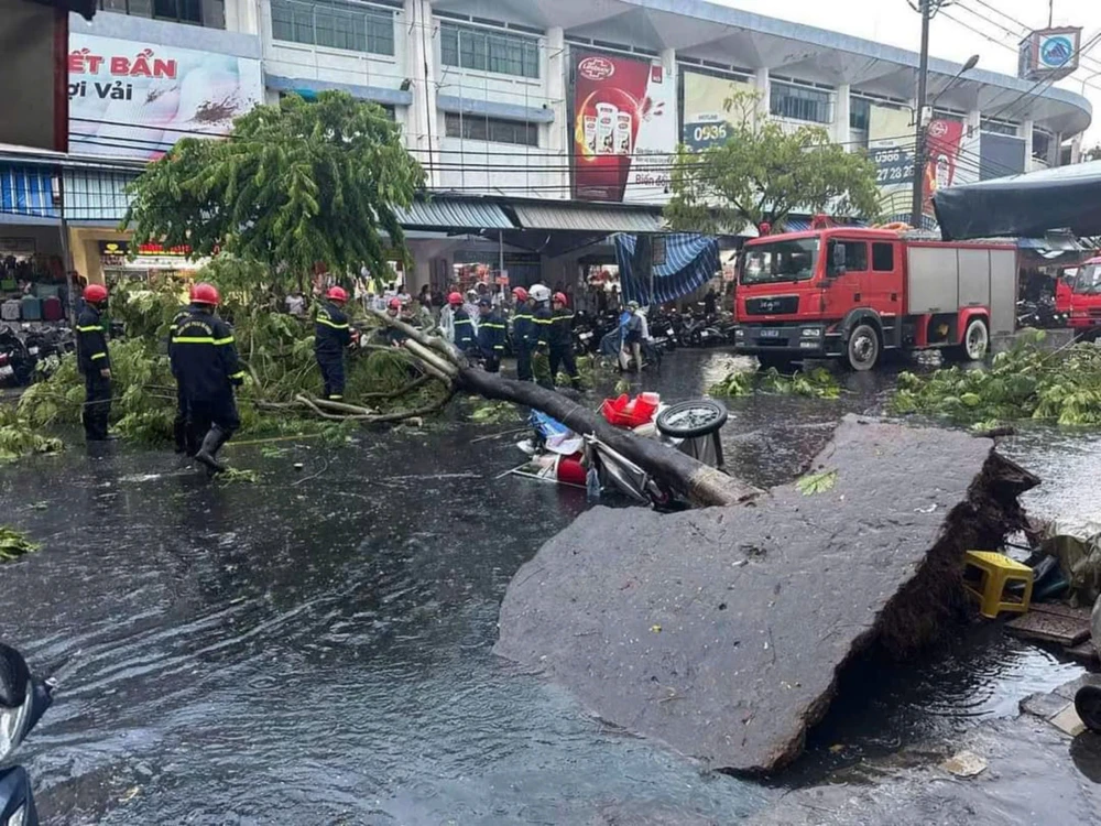 Cây xanh bật gốc chắn ngang đường Ông Ích Khiêm. Ảnh: Công an Thanh Khê