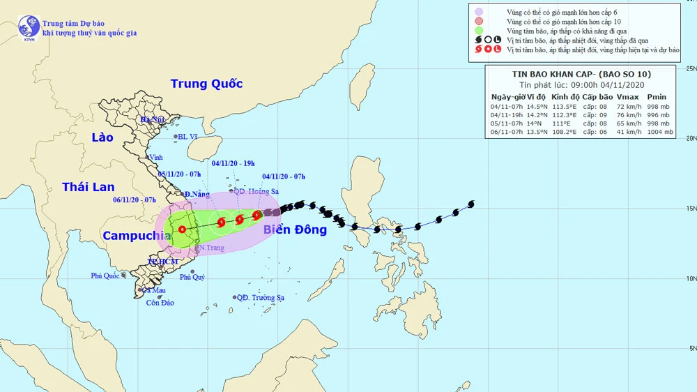 Đường đi của cơn bão số 10. Ảnh theo Trung tâm Dự báo KTTV quốc gia