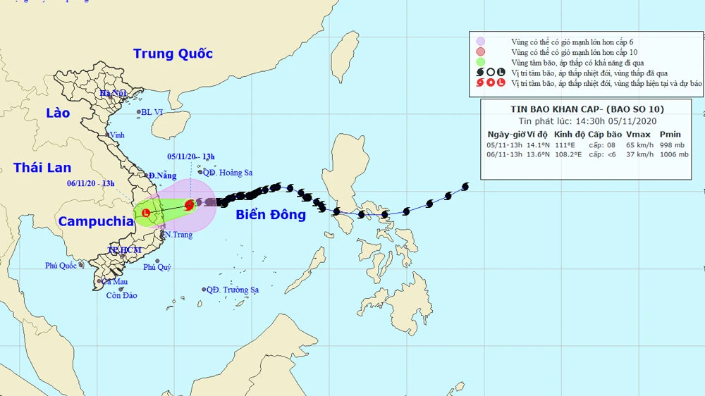 Đường đi của bão số 10. Ảnh theo Trung tâm KTTVQG