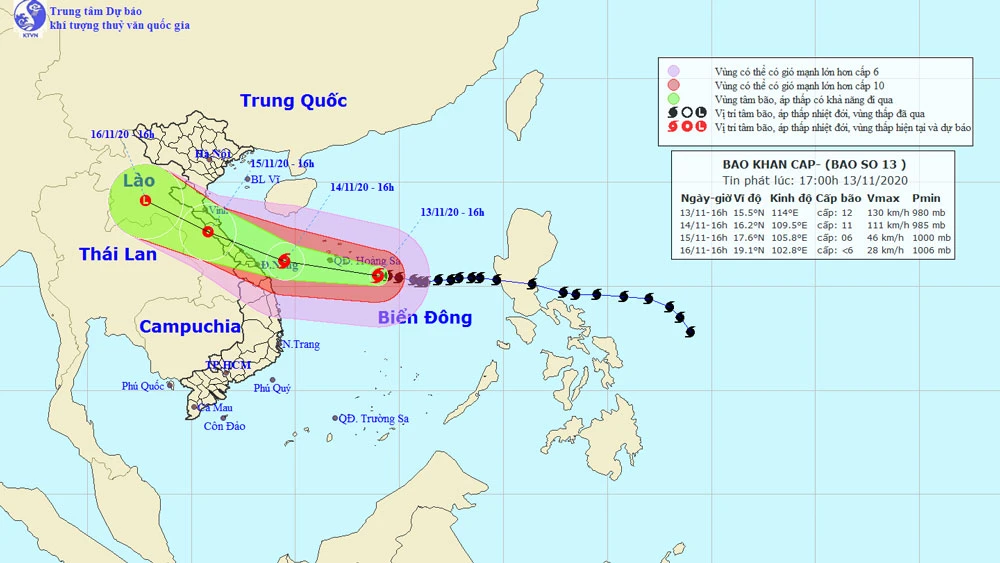 Đường đi của bão số 13. Ảnh: theo Trung tâm Dự báo khí tượng thủy văn quốc gia