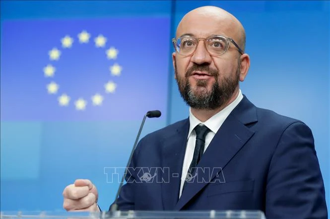 Chủ tịch Hội đồng châu Âu Charles Michel phát biểu tại cuộc họp báo ở Brussels, Bỉ trước đó. Ảnh: AFP/TTXVN