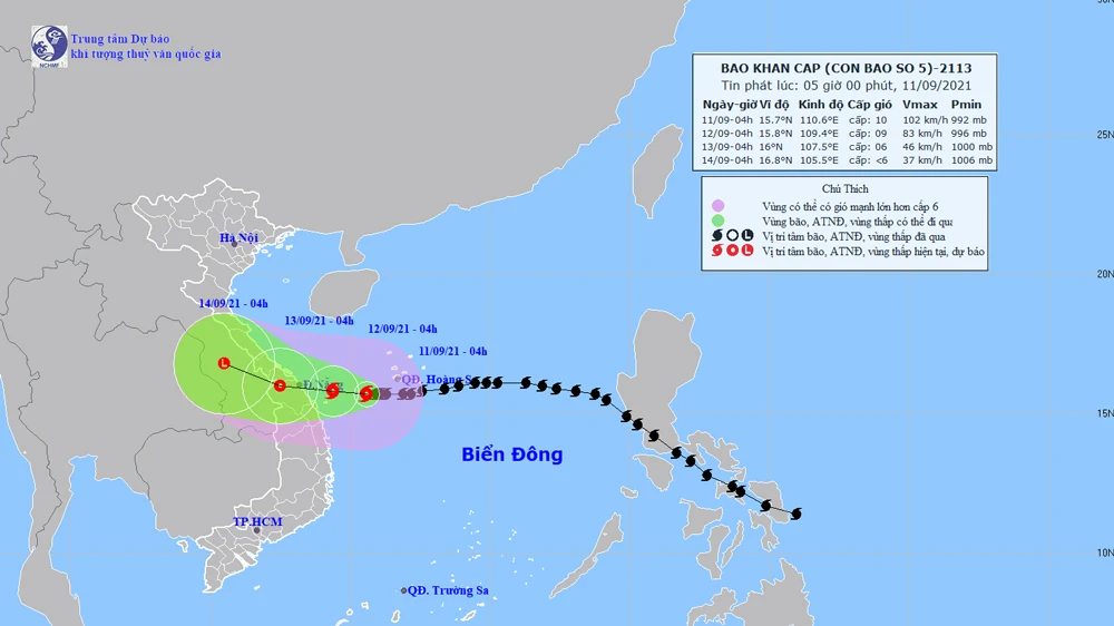 Đường đi của bão số 5. Ảnh: TTDBKTTVQG