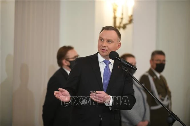 Tổng thống Ba Lan Andrzej Duda tại cuộc họp báo ở Warsaw, Ba Lan, ngày 18-3-2022. Ảnh: PAP/TTXVN