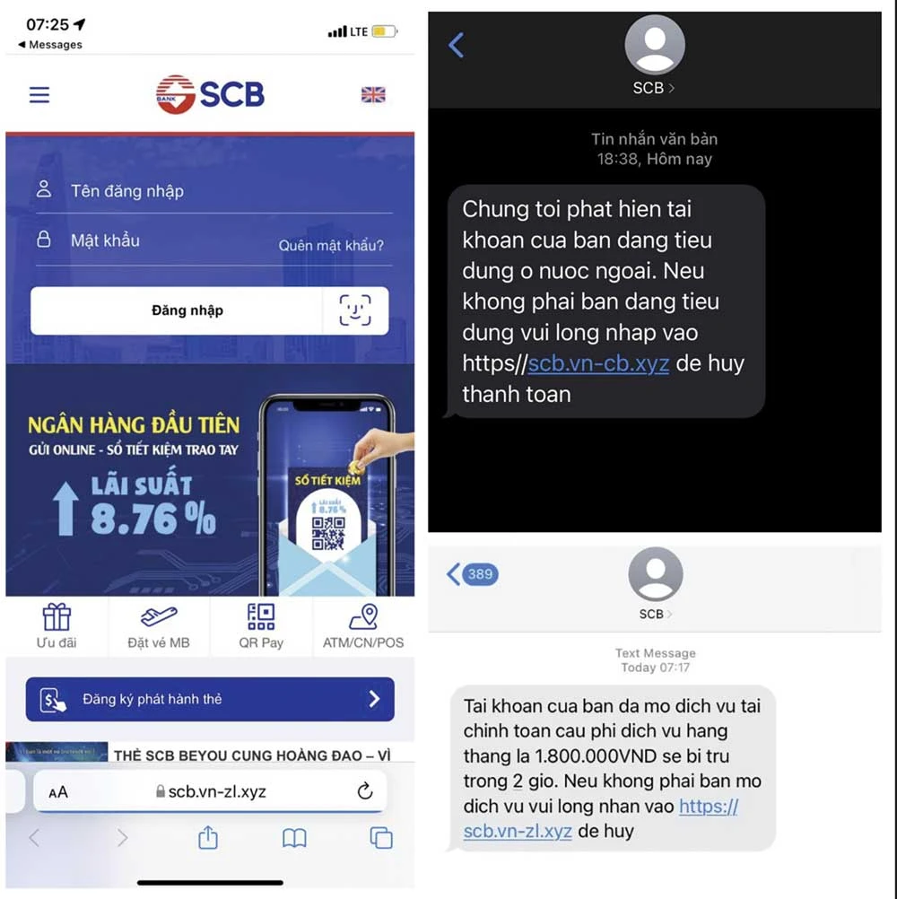 Tin nhắn giả mạo Brandname SCB gửi đến khách hàng có đường link lừa đảo, dẫn đến website mạo danh Ngân hàng