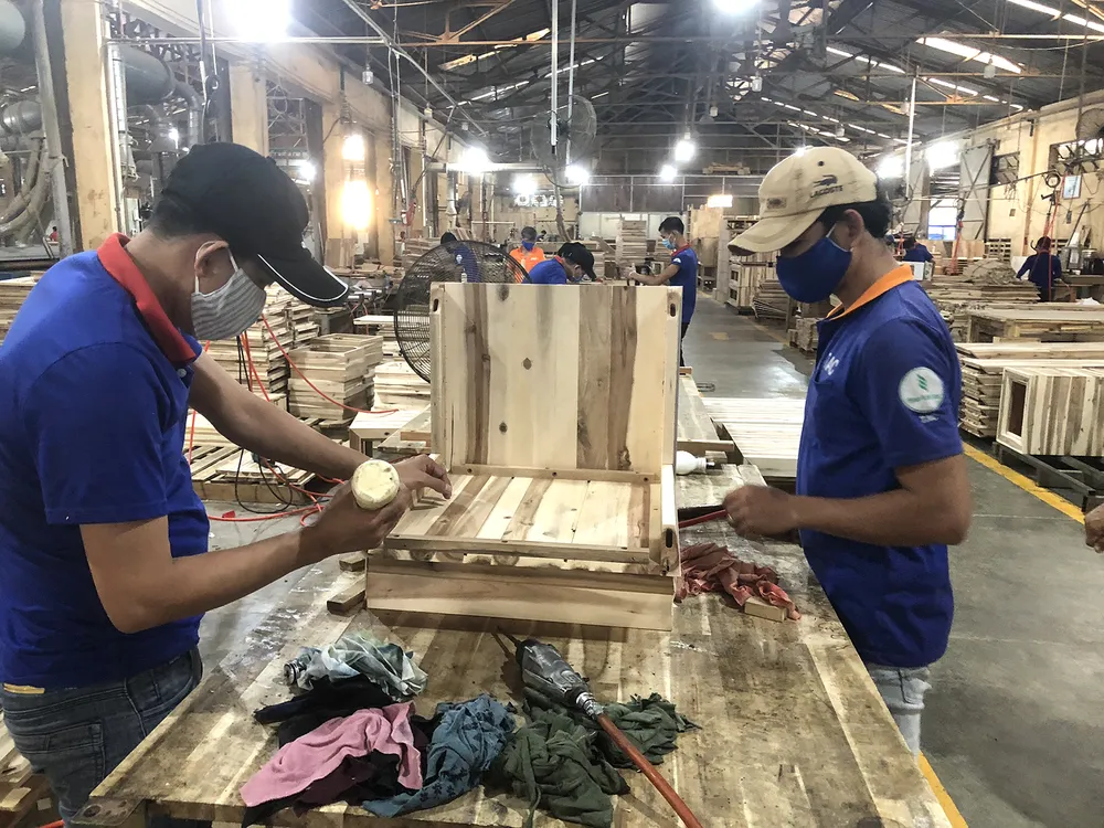 Công nhân đang chế biến gỗ tại Công ty cổ phần gỗ Thuận An