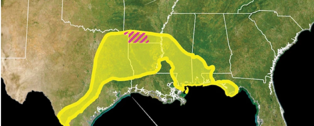 Vùng lấy mẫu thăm dò (sọc đỏ) bên dưới vùng biển cổ đại bang Arkansas nước Mỹ. Ảnh: USGS