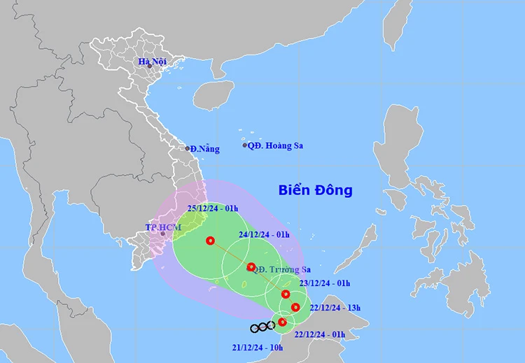 Vị trí và đường đi của áp thấp nhiệt đới. Ảnh: NCHMF